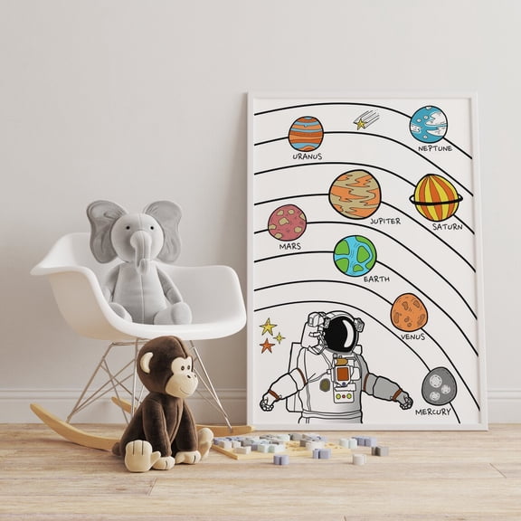 Solar System Print Poster Astronaut & Planets Nursery Decor, Size 12x18 UNFFRAMED F03.1.8l647