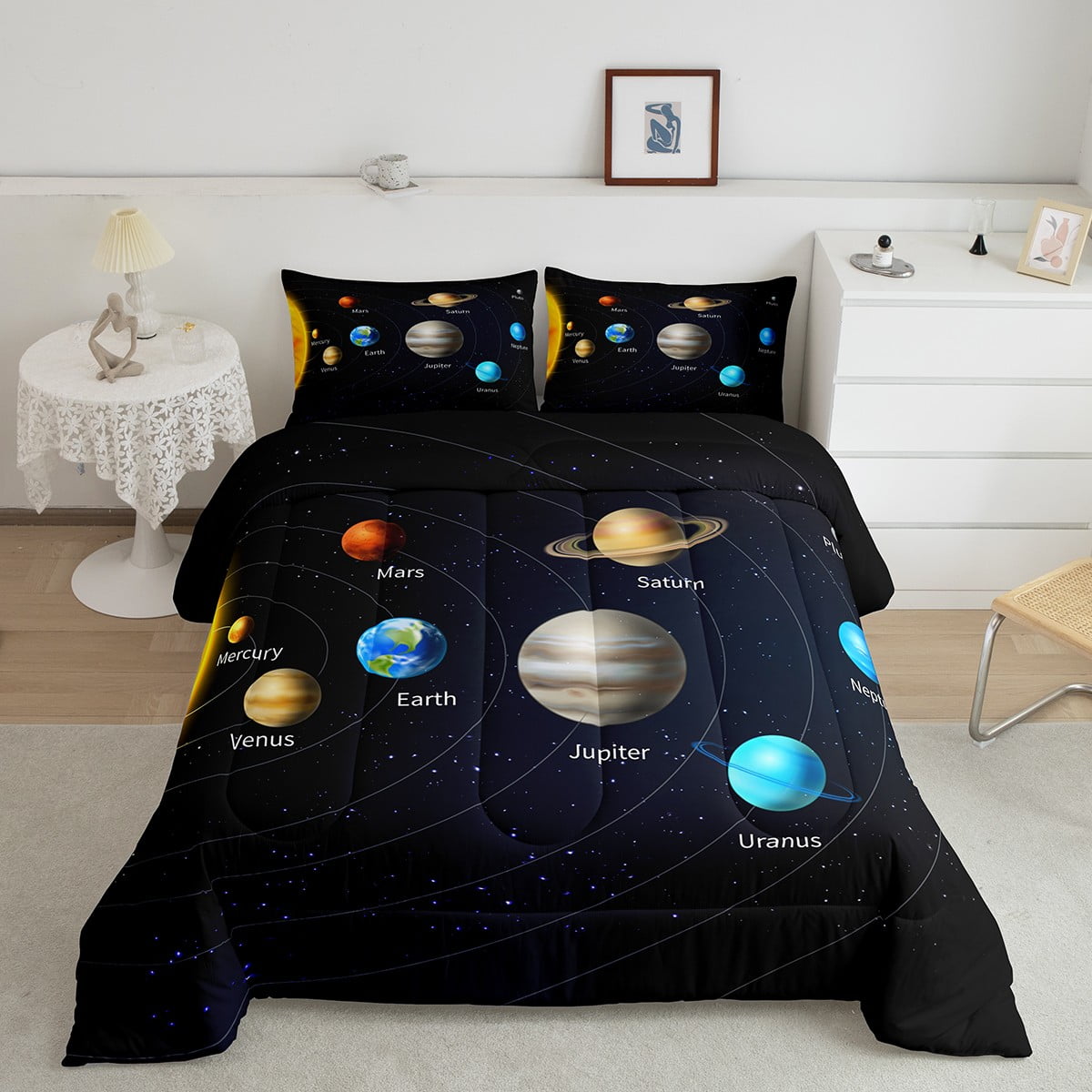 Queen White Microfiber Solar System Bedspread Set