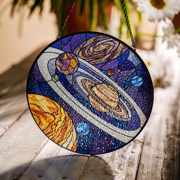 Solar System Round Faux Stained Glass Acrylic Suncatcher, Window Hanging Decor, Celestial Decor Gift