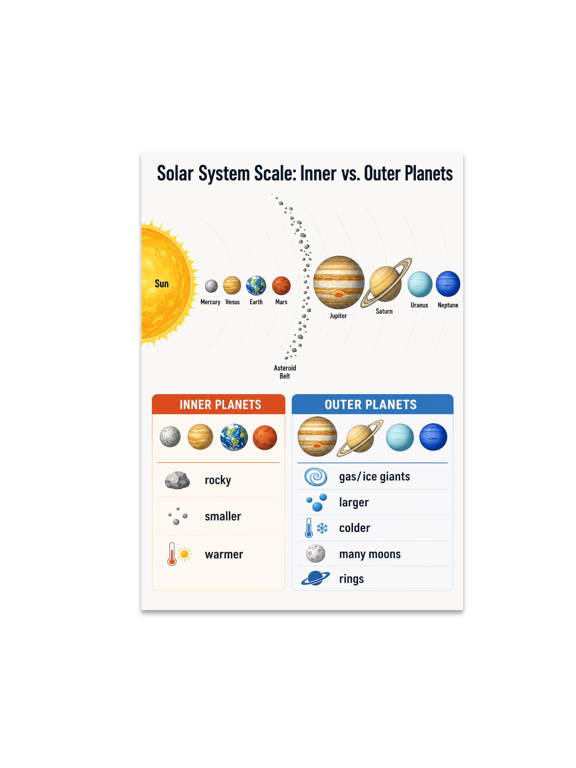 Solar System Scale: Inner vs. Outer Planets Educational Reference - 13x19 Poster Print