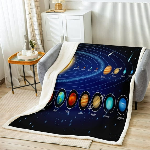Solar System Sherpa Throw Blanket Kids Boys Astronomy Fleece Blanket Galaxy Outer Space Plush Blanket and Throws Universe Planets Fuzzy Blanket 50"x60"