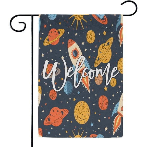 Solar System Space Welcome Garden Flag Double Sided Rockets and Planets Outdoor Yard Decoration 12 x 18 Inch