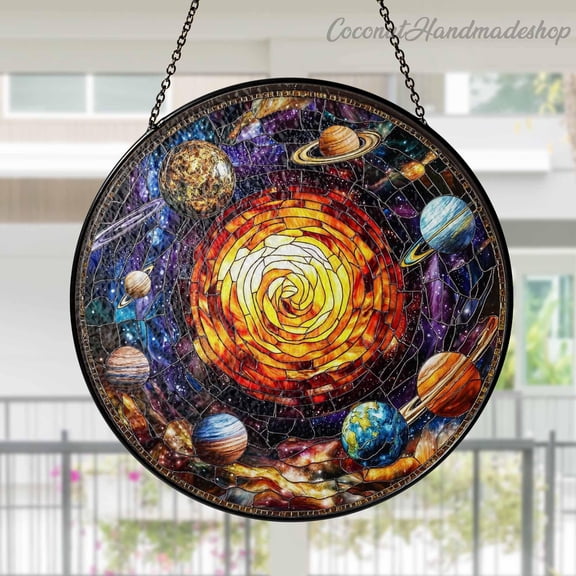 Solar System Stained Glass Suncatcher - Handcrafted Art Glass, Vibrant Light Display, Planetary Cosmic Theme, Astronomy Space Lover Gift, Window Wall Hanging Decor
