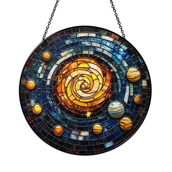 Solar System Stained Glass Suncatcher, Planetary Window Hanging Decor Featuring Sun and Orbiting Planets in Colorful Space Layout