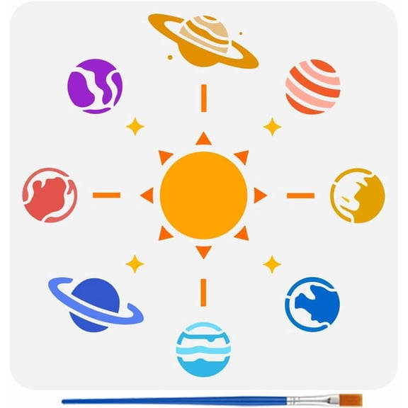 Solar System Stencil with Brush 11.8x11.8Inch Reusable Eight Planets Stencil PET Sun Decoration Template Earth Uranus Neptune Pattern Sci-Fi Themes Template