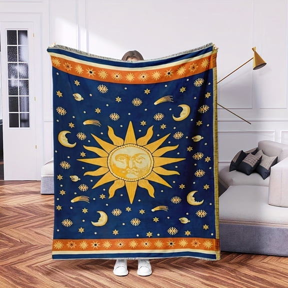 Solar System Sun and Planets Blanket - Gold and Navy Blue Celestial Bedspread with Sun/Moon Phases Soft Flannel All-Season Sofa Bed Cover