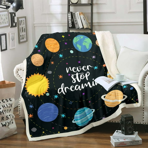 Solar System Throw Blanket Outer Space Blanket,Cute Cartoon Space Planet Print Fleece Blanket for Teens Universe Themed Decor Fuzzy Blanket Galaxy Starry Sky Sherpa Blanket 90"x90"