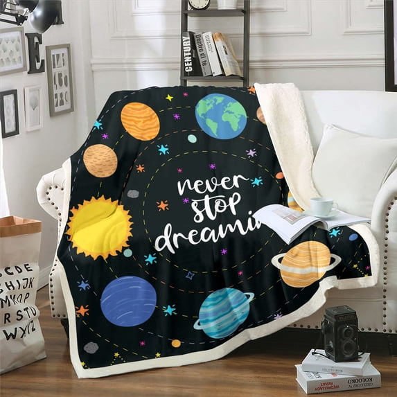 Solar System Throw Blanket Outer Space Blanket,Cute Cartoon Space Planet Print Fleece Blanket for Teen Universe Themed Decor Fuzzy Blanket Galaxy Starry Sky Sherpa Blanket 50"x60"