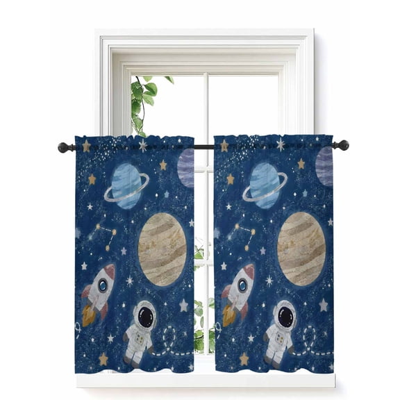 Solar System Universe Curtains 45 Inch Length, Sheer Curtains for Bedroom Living Room Window Galaxy Outer Space Navy Blue Rod Pocket Voile Drapes Kitchen Curtains Small Half Window 42"x45" 2 Panels