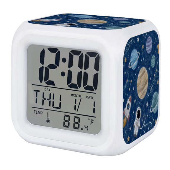 Solar System Universe Digital Alarm Clock for Bedrooms, Smart LED Alarm Clock with 7 Color Changing Night Light, Galaxy Outer Space Navy Blue Silent Wake Up Clocks for Sleep Study Cooking 3.2"x3.2"