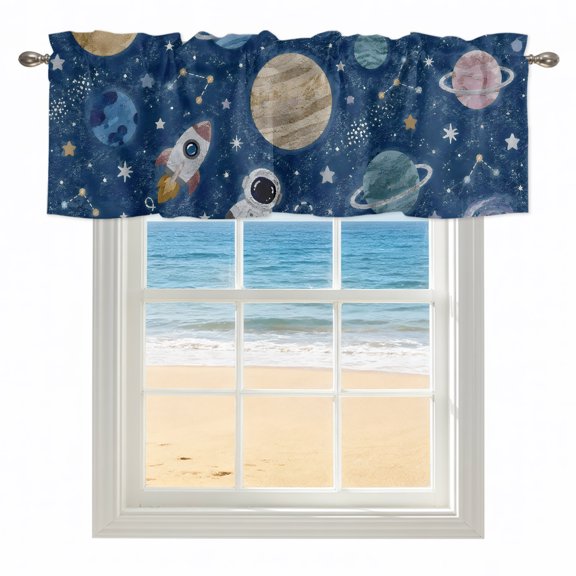 Solar System Universe Kitchen Valances for Windows 54x18 Inch Kitchen Curtains Valances Rod Pocket Galaxy Outer Space Navy Blue Bathroom Window Valances for Window Treatment Decor