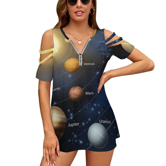 Solar System Womens Summer V Neck Zipper Top Short Sleeve T Shirt Off Shoulder Top Casual Classy Loose Shirts