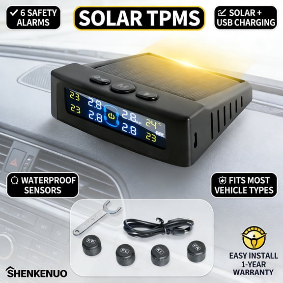 Solar TPMS Tire Pressure Monitoring System with 4 External Sensors, 6 Alarm Modes, Solar & USB Charging, Fits SUV/RV/Truck/Sedan
