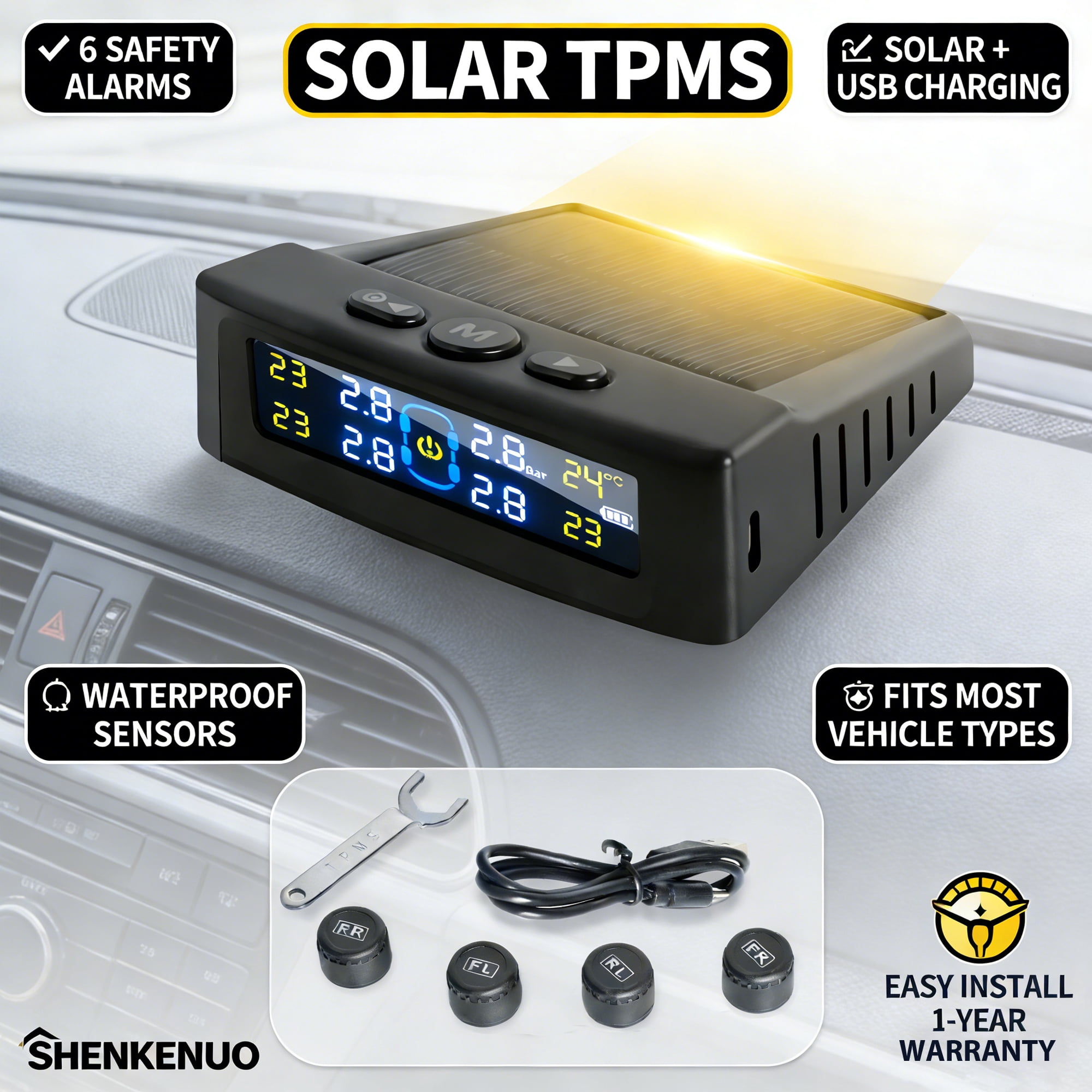 Solar TPMS with Large LCD Screen & Auto Backlight, Waterproof Dustproof ...
