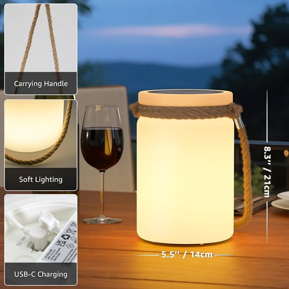 Solar Table Lamp Lantern LED Outdoor Cordless IP44 RGB and Warm White Dimmable for Camping Restaurant Terrace (White 2 Pack)