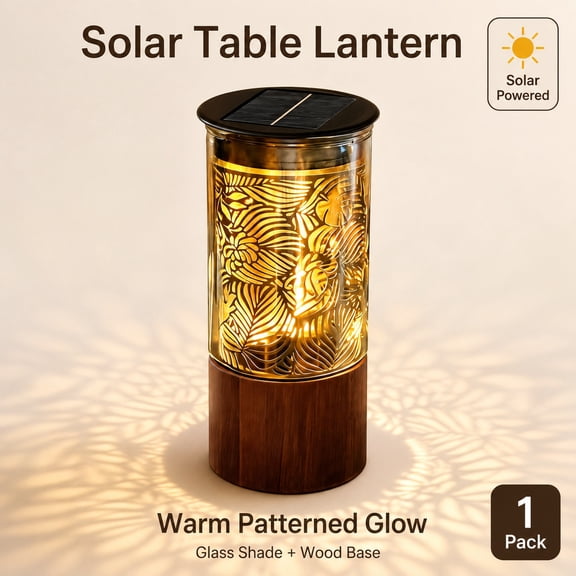 Solar Table Lamp with Wooden Base & Glass Shade, Indoor Ambient Lighting Lantern, High-Efficiency Solar Panel, Decorative Light for Bedroom, Dining Table, Patio, Balcony