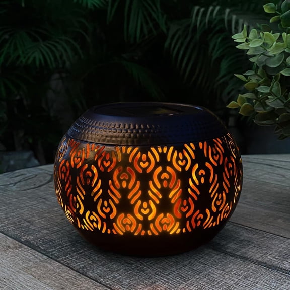 Solar Table Lantern Outdoor Waterproof - Dancing Flickering Flame LED Light, Hollow Out Retro Metal Desktop Gifts for Outside Garden Yard Porch Lawn Indoor Tabletop Decor