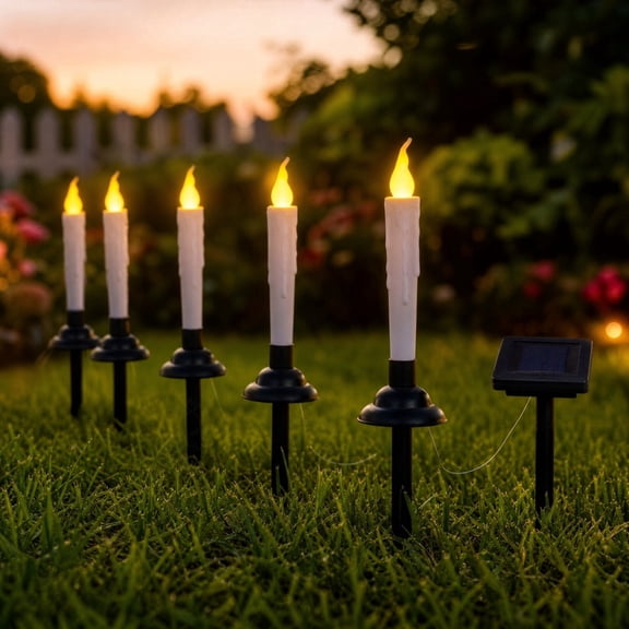Solar Taper Candle Stake Lights 6 Pack Waterproof Flickering LED Separate Solar Panel for Garden Yard
