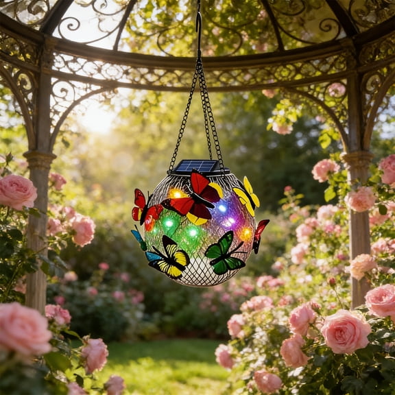 Solar Tennis Ball Pendant Light, Wrought Iron Hollowed Hanging Lantern, Multicolor LED IP44 Waterproof Decorative Lamp for Garden Patio Courtyard