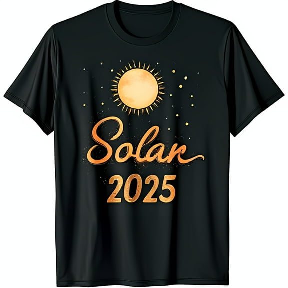 Solar Theme Black T-Shirt with Gold Sun Design & 2025 Inscription