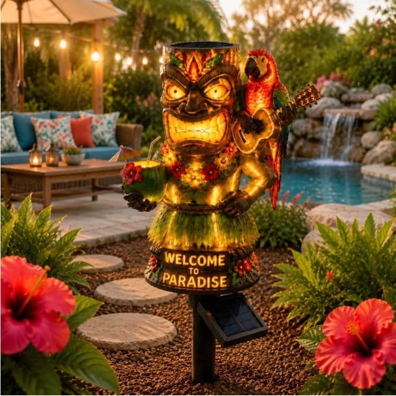 Solar Tiki Garden Statue with Parrot LED Light, Hawaiian Welcome to Paradise Outdoor Solar Stake Lamp, Waterproof Tropical Decor for Patio Lawn Pool Tiki Themed Party Gift