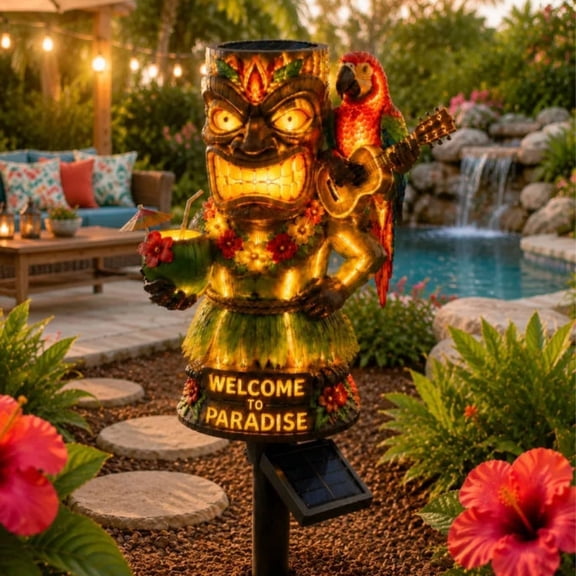 Solar Tiki Statue Garden Light, Welcome to Paradise Tropical Tiki LED Lamp, Waterproof Solar Stake Light for Backyard Pool Luau Party Outdoor Decor