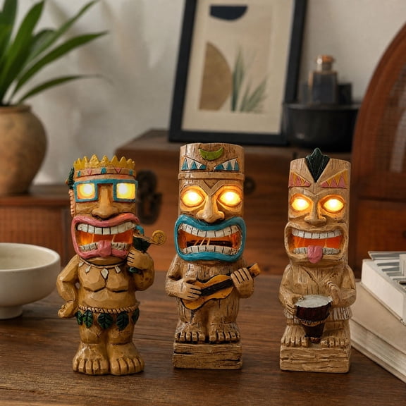 Solar Tiki Totem Garden Statue - LED Glowing Eyes Hawaiian Man Figurine, Waterproof Outdoor Tropical Decor for Patio Lawn