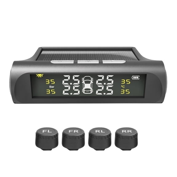 Solar Tire Pressure Monitor, External Sensor TPMS Wireless Diagnostic Tool with Real-time LCD Display and Security Alarm System for All Vehicles