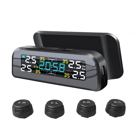 Solar Tire Pressure Monitoring System with 4 External Sensors 360 Degree Rotatable Real Time Clock TPMS Temperature Warn for Vehicles