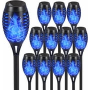 Solar Torch Flame Lights, 12 Pack Blue Solar Torch Light W/Flickering Flame, 12 LED Solar Tiki Torches for Outside Waterproof Landscape Outdoor Lights Garden Yard Patio Lawn Xmas Decorations