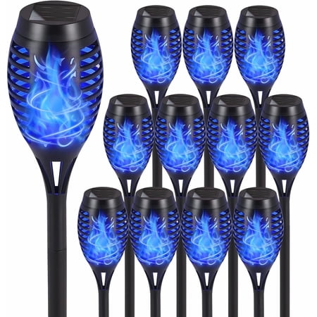 Solar Torch Flame Lights, 12 Pack Blue Solar Torch Light W/Flickering Flame, 12 LED Solar Tiki Torches for Outside Waterproof Landscape Outdoor Lights Garden Yard Patio Lawn Xmas Decorations