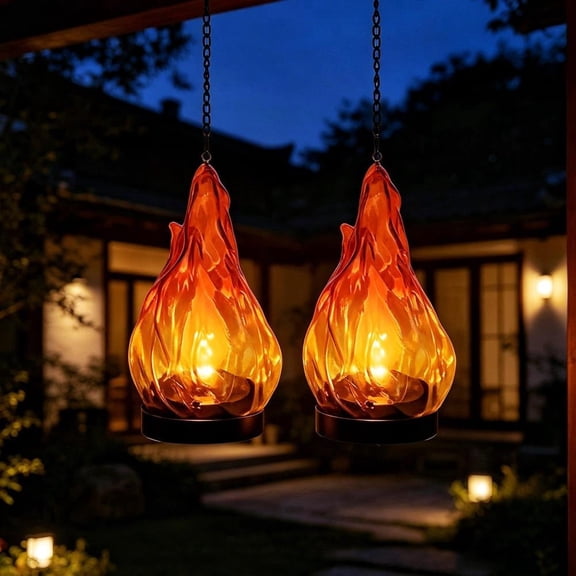 Solar Torch Light with Flickering Flame, Waterproof LED Pathway Lantern for Garden Patio Yard, Hanging Outdoor Camping Decor for Summer & Halloween 2pcs