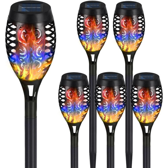 Solar Torch Lights, 6 Pack with Colorful Flickering Flame, Waterproof Tiki Torches for Outside Pathway Decorations