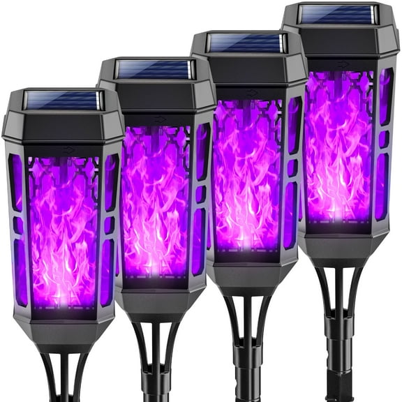 Solar Torch Lights with Flickering Flame, 4 Pack Outdoor Solar Lights, Waterproof Solar Pathway Lights, Landscape Halloween Decoration Lighting for Garden, Lawn, Patio, Yard, Purple
