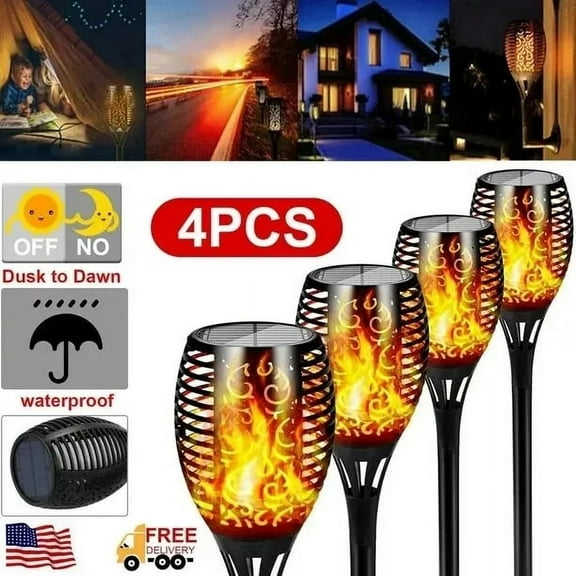 Solar Torch Lights Outdoor Flickering Solar Lights 4 Pack Tiki Torch Lights with Flickering Flame 12LED Bamboo Yard Torch for Outside Garden Home Patio Pathway
