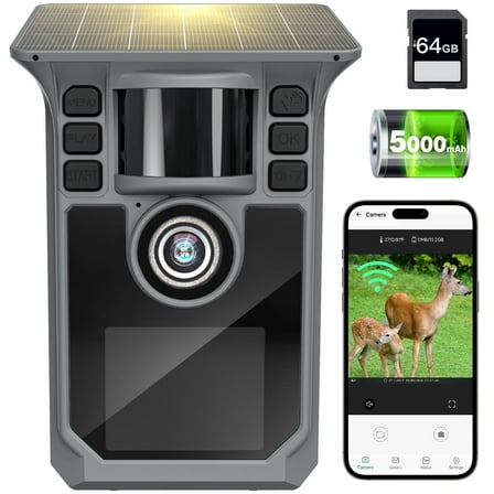 Solar Trail Camera 64MP 4K, 64GB Memory Card Game Camera with Motion Activated 0.1s Trigger, Night Vision Motion Activated IP67Waterproof for Wildlife Scouting
