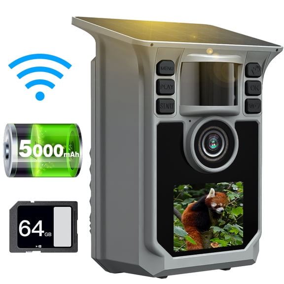 WiFi Trail Camera 4K 64MP Solar Game Camera with 5000mAh Battery, 64GB Memory Card, IP67 Waterproof Night Vision Trail Cam for Wildlife Monitoring with 2-Inch Screen
