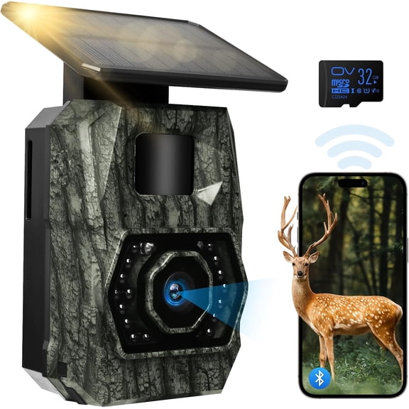 Solar Trail Camera WiFi Bluetooth, 4K 64MP Night Vision Game Camera