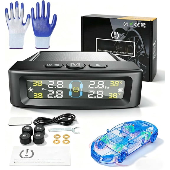Solar Trailer Tire Pressure Monitoring System, RV TPMS with 4 Sensors, Real-Time Tire Pressure Monitor with LCD Display, Solar & USB Charging for Trailer RV Camper Truck (External DIDI ALERT)