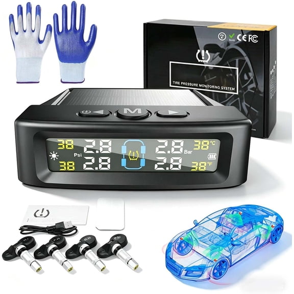 Solar Trailer Tire Pressure Monitoring System, RV TPMS with 4 Sensors, Real-Time Tire Pressure Monitor with LCD Display, Solar & USB Charging for Trailer RV Camper Truck (Internal DIDI ALERT)