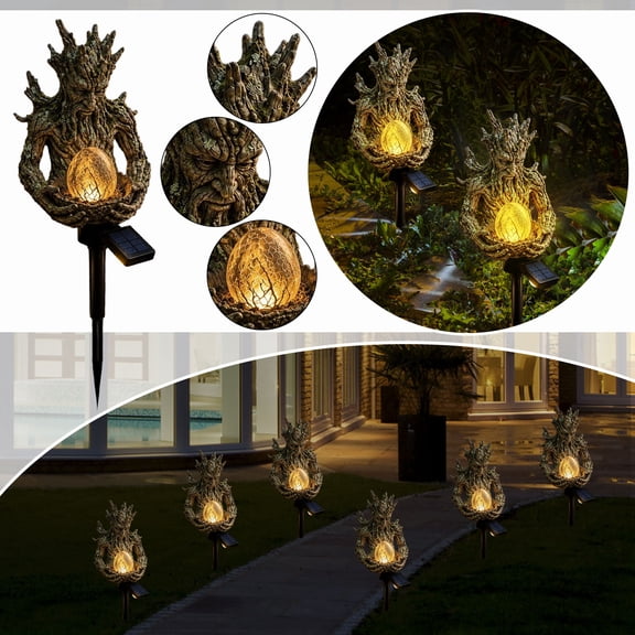 Solar Tree Garden Stake Light With Crackle Glass Egg - Resin Outdoor Solar Powered Decor Lamp, Warm LED