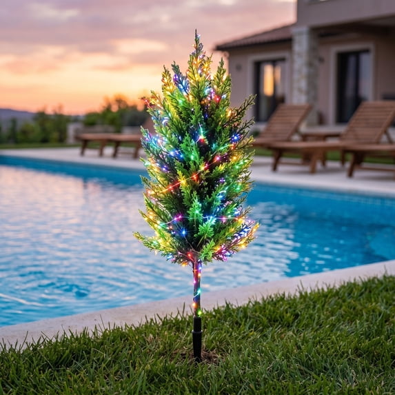 Solar Tree Lights Outdoor Waterproof LED Artificial Prelit Cedar Yard Stake Landscape Lighting Multi-Color 26.77 Inch
