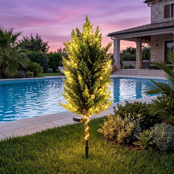 Solar Tree Lights Outdoor Waterproof LED Artificial Prelit Cedar Yard Stake Landscape Lighting Yellow 26.77 Inch