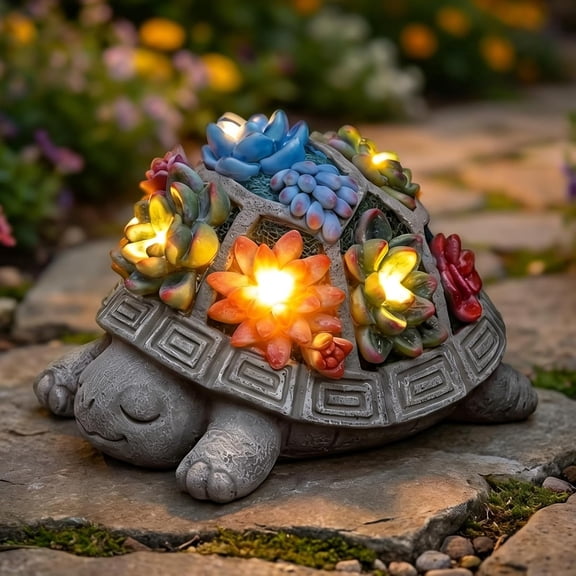 Solar Turtle Garden Outdoor Decor with Succulent & 7 LED Lights Outside Tortoise Statue Decor for Yard Patio Balcony & Backyard - Home House Decoration Art - Gift for Men Dad Women Mom