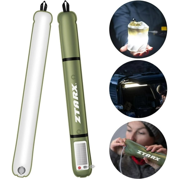 Solar/Type-C Rechargeable Camping Light Bar, IP66 Waterproof LED Tube, TPU Ultralight Electric Light, 2000mAh Foldable Inflatable Outdoor Tent Light for Camping, Hiking, Traveling, Party (Green 1 PC)