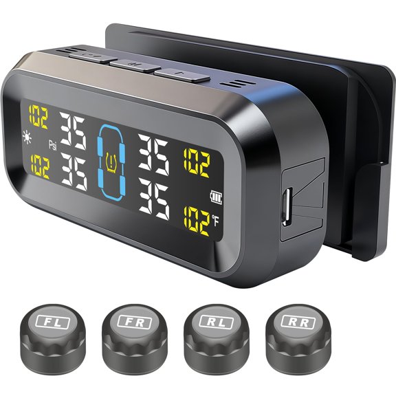 Solar & USB Charging TPMS with 4 External Sensors LCD Real-Time Pressure Temperature Monitor 6 Alarm Modes 0-99PSI for Sedan SUV MPV RV Trailer