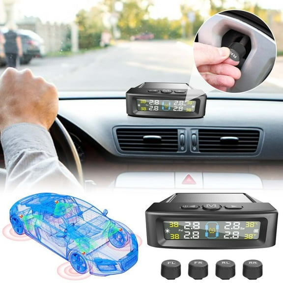 Solar & USB Powered Tire Pressure Monitoring System, TPMS with 4 External Sensors, Real-Time Pressure & Temperature Display, High Precision Wireless Monitor for Cars, Trucks & SUVs