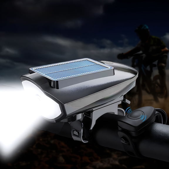 Solar & USB Rechargeable Bicycle Headlight, IPX4 Waterproof LED Bike Front Light with 120dB Horn, 3 Modes Night Riding Handlebar Cycling Lamp