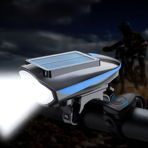 Solar & USB Rechargeable Bike Headlight with 120dB Horn Kit, 250 Lumens 3-Mode LED Light, IPX4 Waterproof Safety Light with Handlebar Remote, USB Cable & Mount for Night Cycling(Blue)