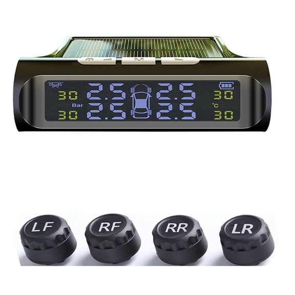 Solar USB TPMS Tire Pressure Monitor, wireless 4-wheel real-time monitoring, IP67 waterproof, auto alarm, built-in/external sensor universal.